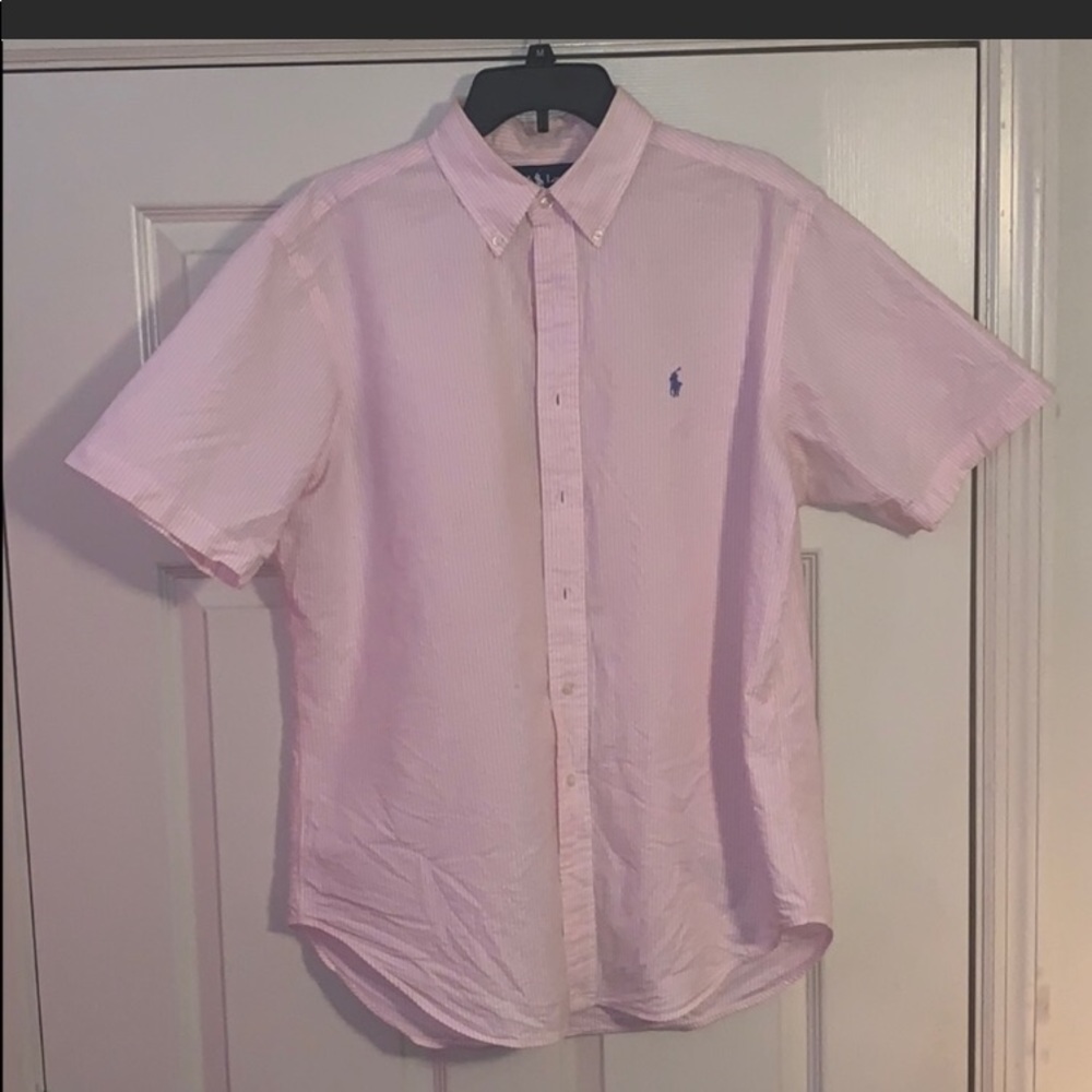 Men’s pink seersucker short sleeve shirt